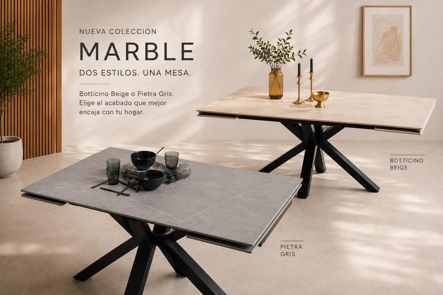 Mesa Marble: la mesa de comedor extensible porcelánica disponible en Botticino Beige y Pietra Gris