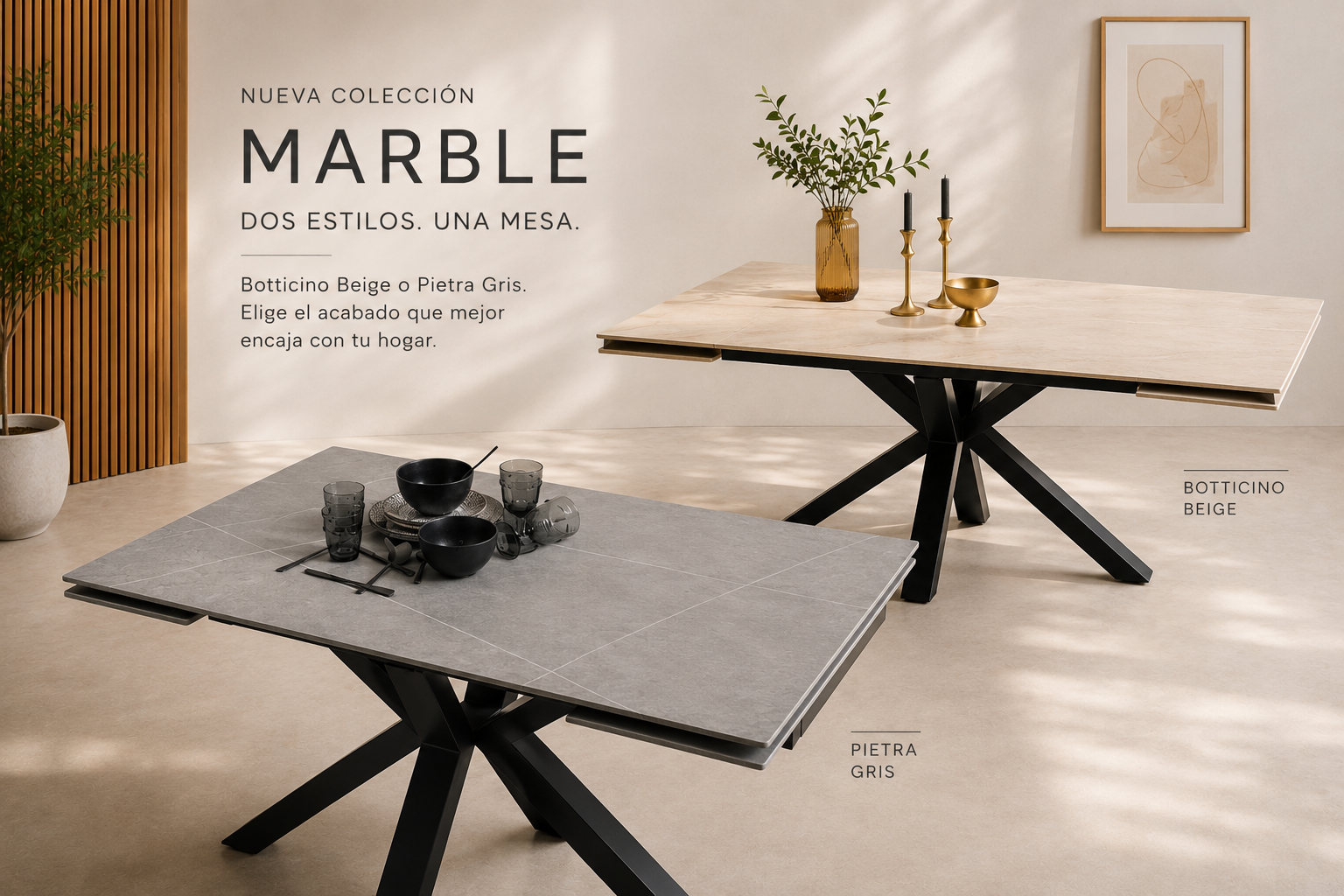 Mesa Marble: la mesa de comedor extensible porcelánica disponible en Botticino Beige y Pietra Gris